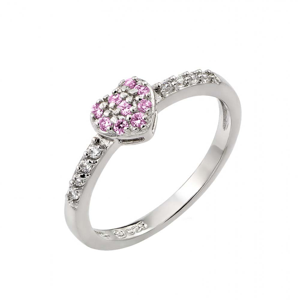 Sterling Silver Rhodium Plated Pink Inlay CZ Birthstone Heart Ring