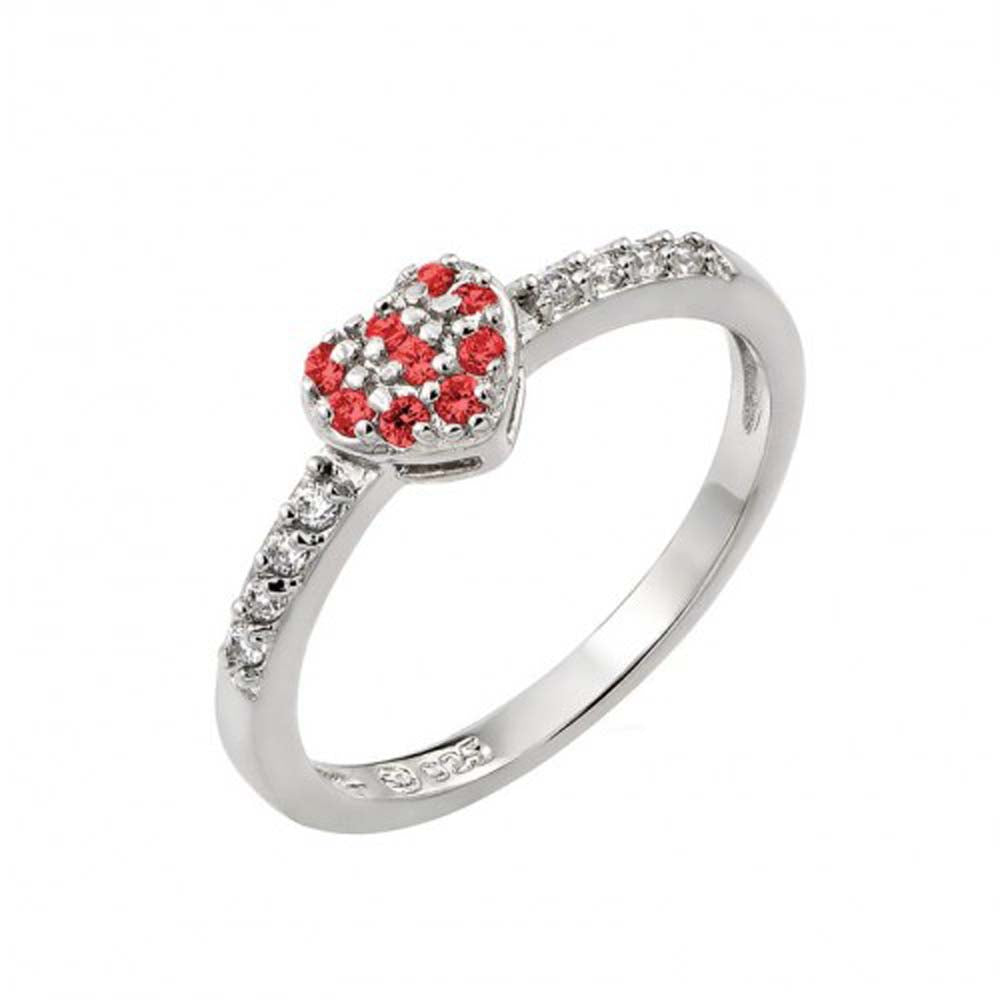 Sterling Silver Rhodium Plated Red Inlay CZ Birthstone Heart Ring