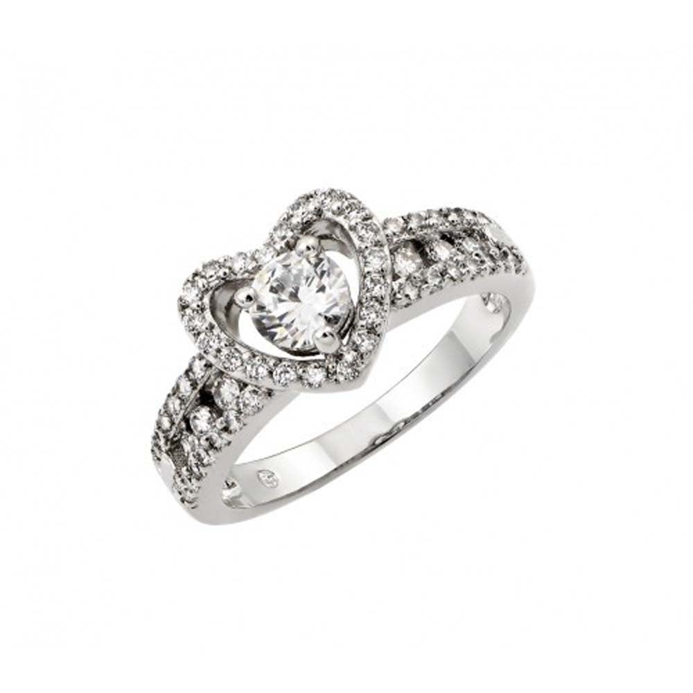 Sterling Silver Elegant Paved Heart Design with Centered Solitaire Round Cut Clear Cz RingAnd Ring Dimensions of 9.5MMx10.8MM Band Width: 4.8MM