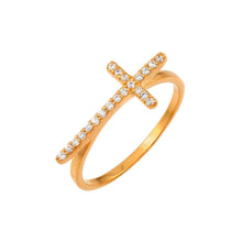 Load image into Gallery viewer, Sterling Silver Rose Gold Plated Stylish Sideways Cross Design Embedded with Clear Czs RingAnd Ring Dimensions of 21MMx3MM