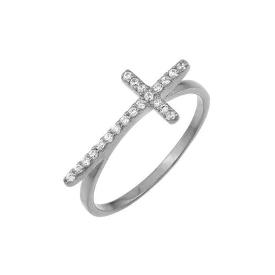 Sterling Silver Nickel Free Rhodium Plated Cross Shaped Ring With Clear CZ