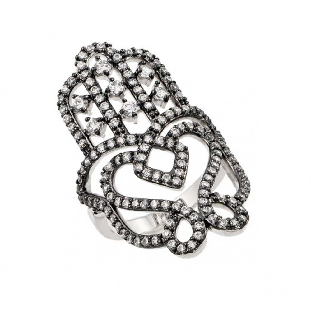 Sterling Silver Nickel Free Oxidized Rhodium Plated Hamsa Hand Shaped Ladies Ring With CZ StonesAnd Width 1mm