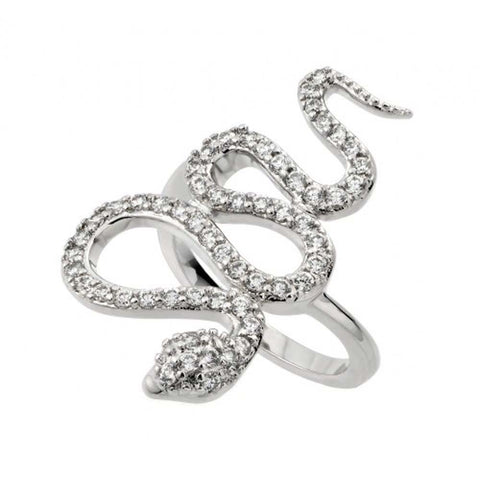 Sterling Silver Rhodium Plated Snake Shaped Ring With CZ Stones