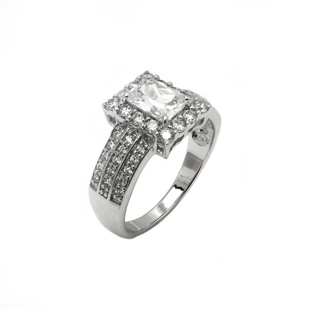 Sterling Silver Nickel Free Rhodium Plated Three Row Rectangle Shaped Bridal Engagement Ring