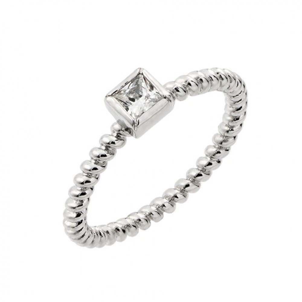 Sterling Silver Rhodium Plated Clear Square Center CZ Bead Ring