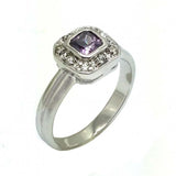 Sterling Silver Rhodium Plated Purple Center Clear Cluster CZ Bridal Engagement Ring