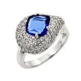 Sterling Silver Rhodium Plated Blue Center Clear Pave Set CZ Teardrop Ring