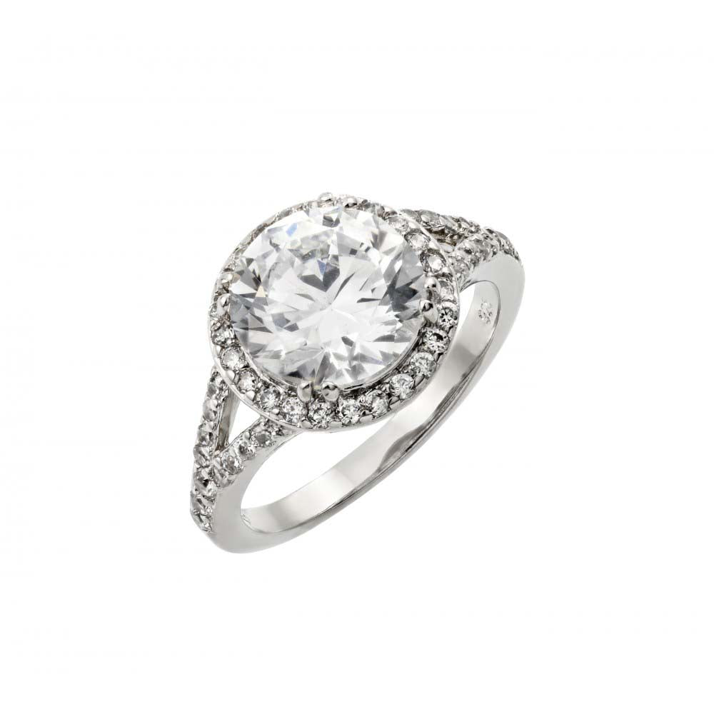 Sterling Silver Rhodium Plated Clear Round and Cluster CZ Bridal Ring