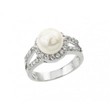 Load image into Gallery viewer, Sterling Silver Rhodium Plated Clear Cluster CZ Synthetic Pearl Ring