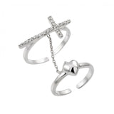 Sterling Silver Rhodium Plated Clear CZ Cross Heart Knuckle Slave Ring