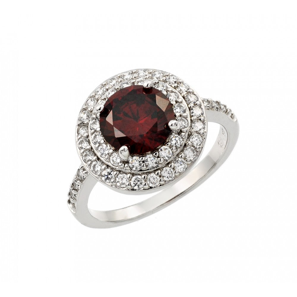 Sterling Silver Rhodium Plated Red Center and Clear Cluster CZ Ring