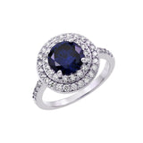 Sterling Silver Rhodium Plated Blue Center and Clear Cluster CZ Ring