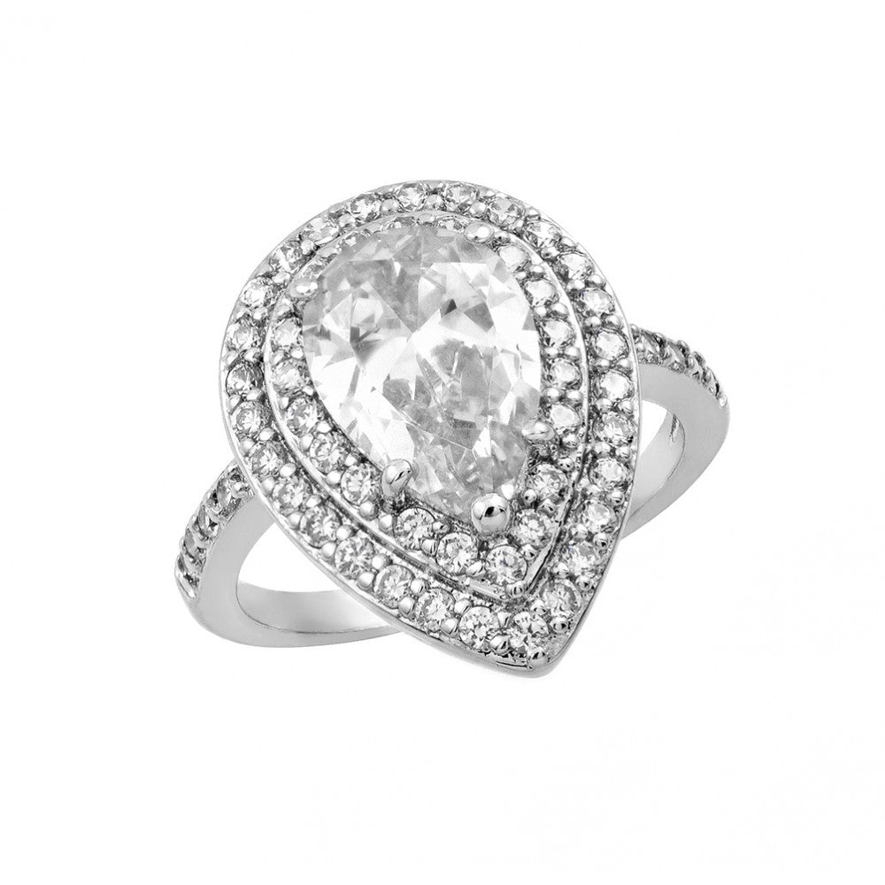 Sterling Silver Rhodium Plated Clear Center and Cluster CZ Teardrop Ring