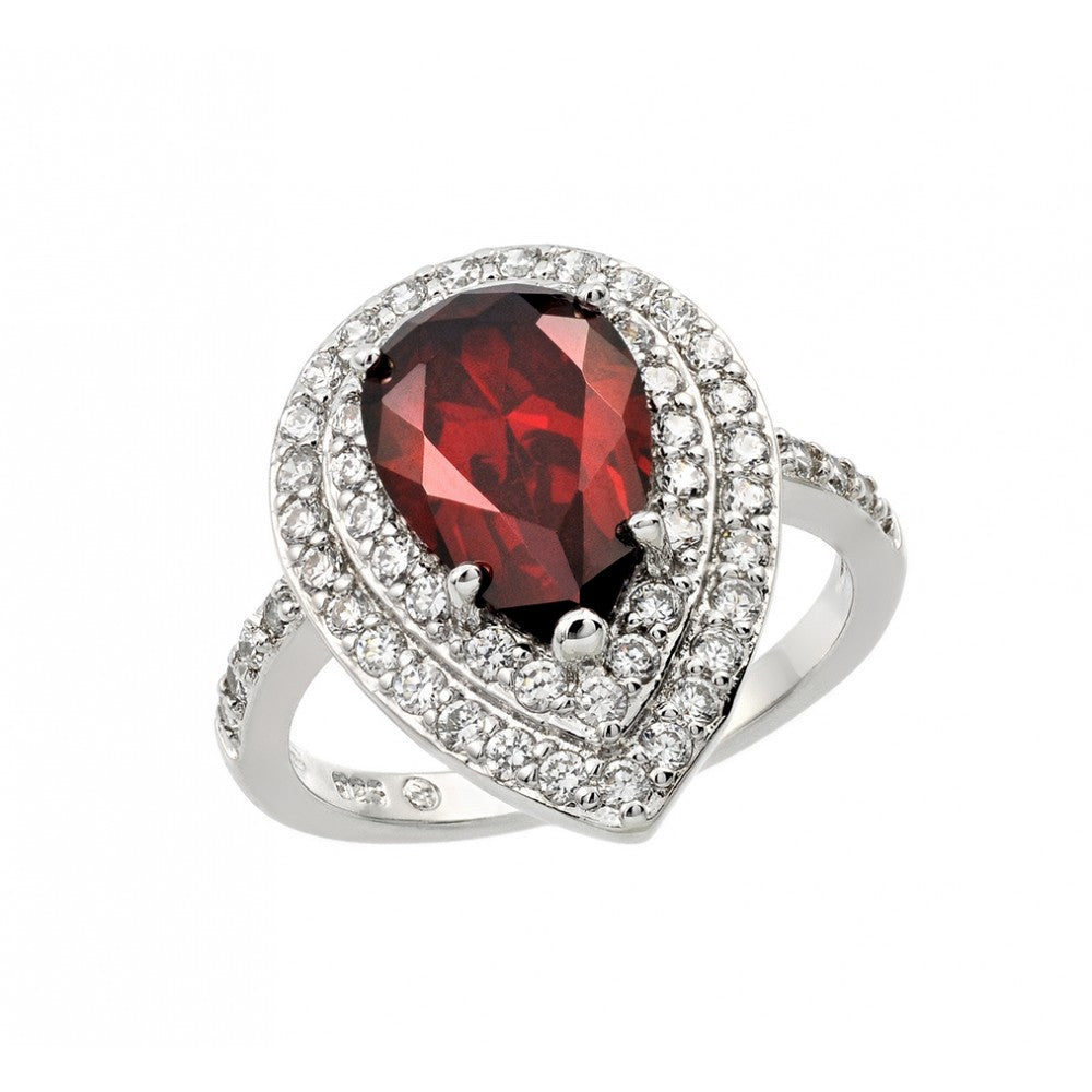 Sterling Silver Rhodium Plated Red Center and Clear Cluster CZ Teardrop Ring