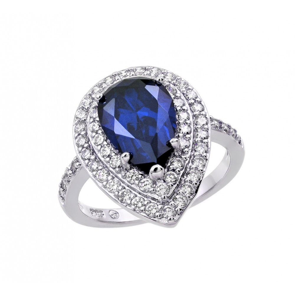 Sterling Silver Rhodium Plated Blue Center and Clear Cluster CZ Teardrop Ring