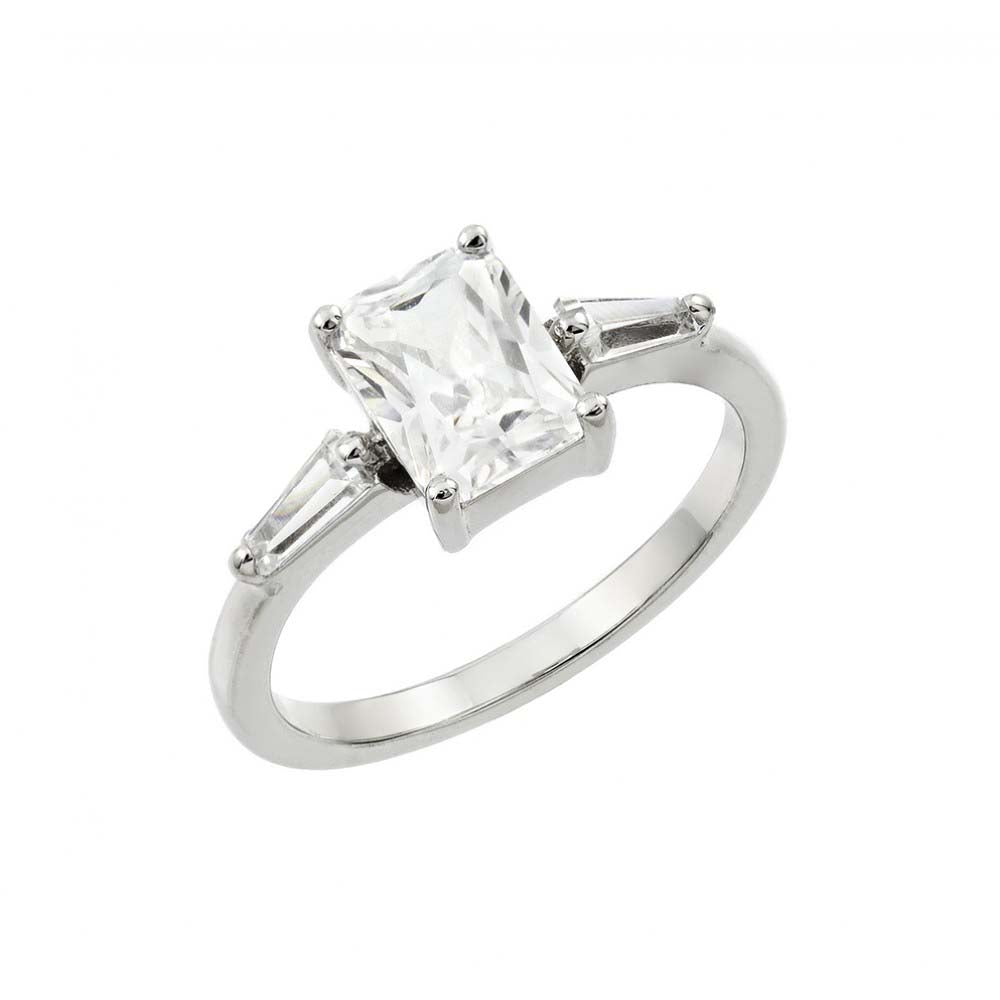 Sterling Silver Rhodium Plated Clear Rectangular Center CZ Ring