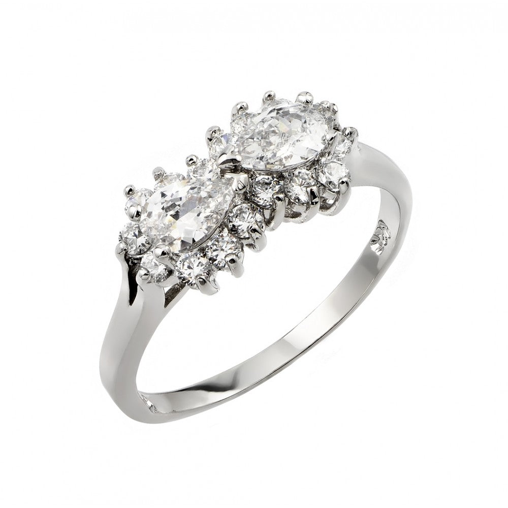 Sterling Silver Rhodium Plated Double Cluster Ring