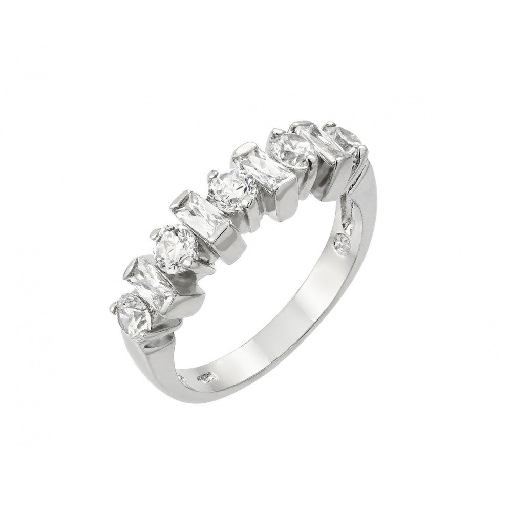 Sterling Silver Rhodium Plated Clear Round and Baguette CZ Half Row Ring