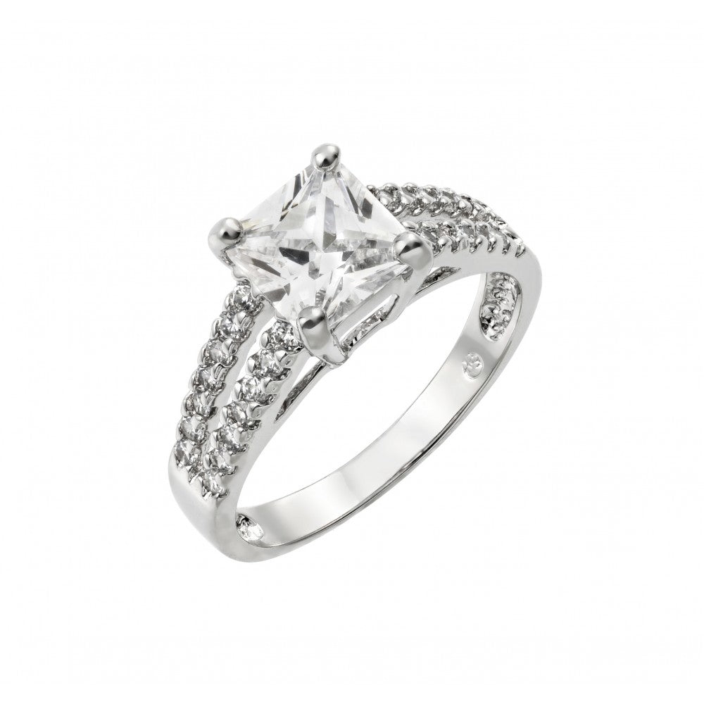 Sterling Silver Rhodium Plated Clear Princess Cut and Inlay CZ Ring
