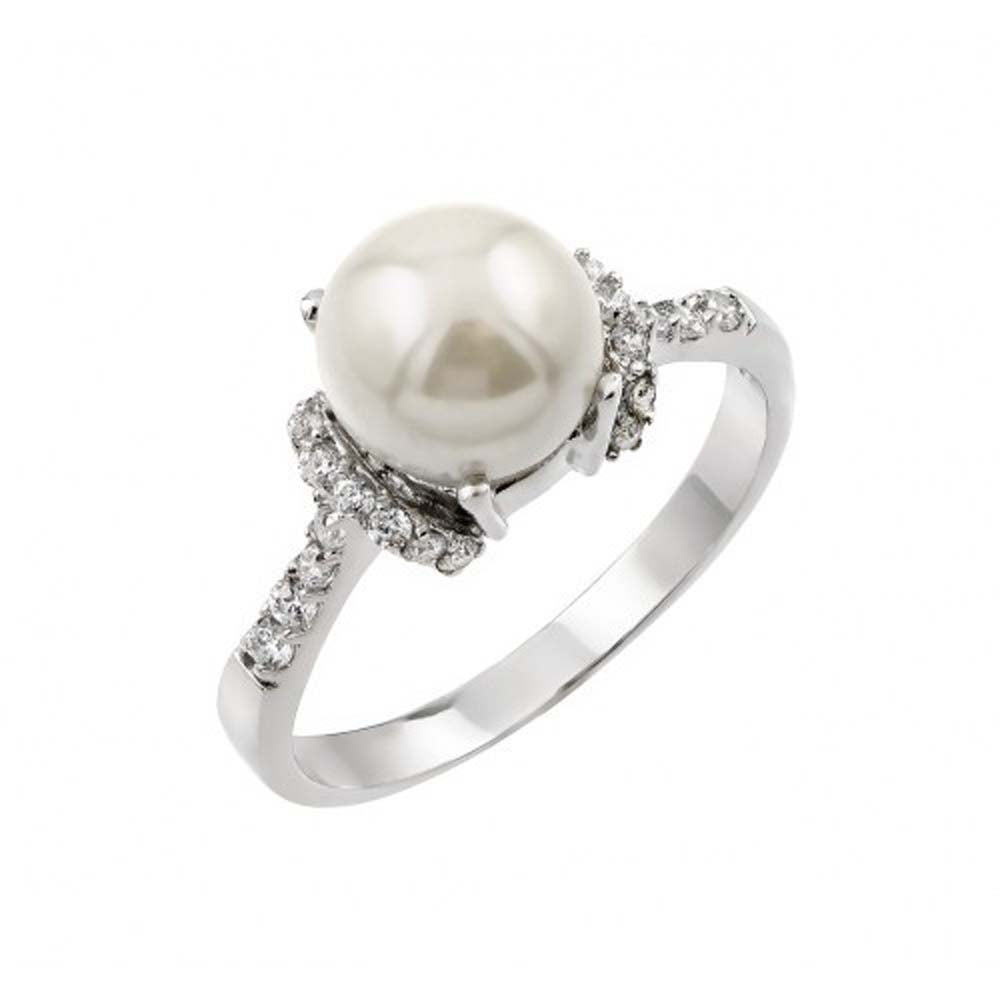 Sterling Silver Rhodium Plated Synthetic Pearl Cluster Ring