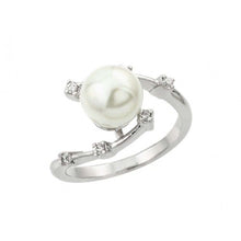 Load image into Gallery viewer, Sterling Silver Rhodium Plated Clear CZ Synthetic Pearl Curve Ring