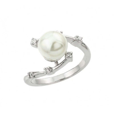 Sterling Silver Rhodium Plated Clear CZ Synthetic Pearl Curve Ring