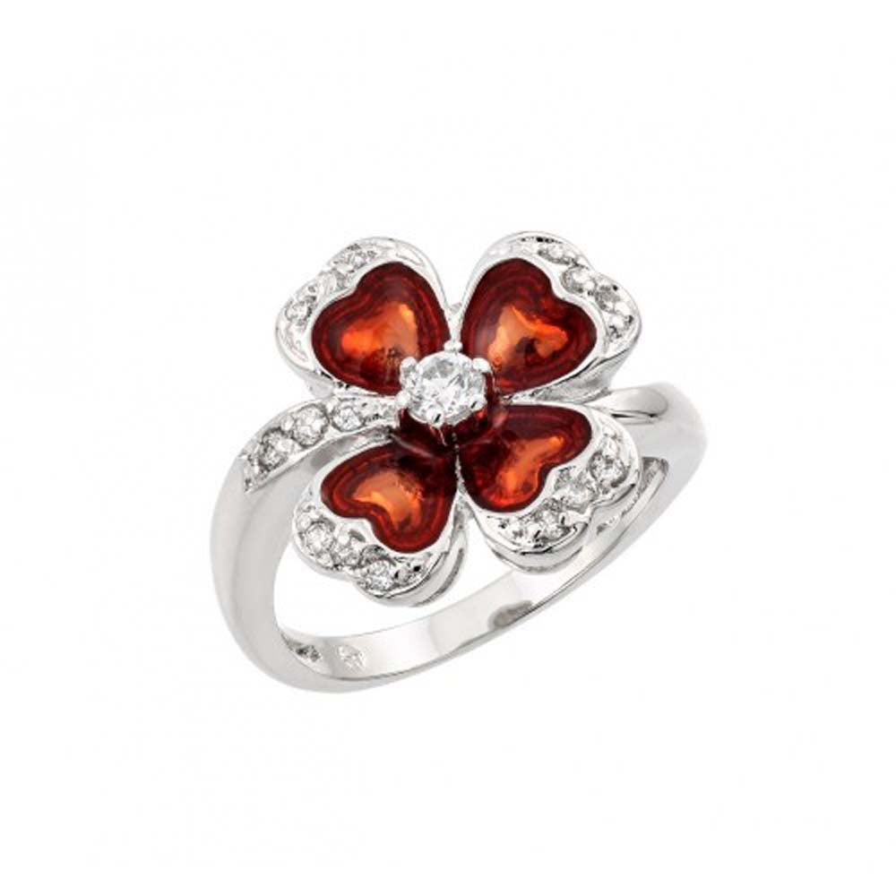 Sterling Silver Rhodium Plated Clear CZ Red Clover Ring