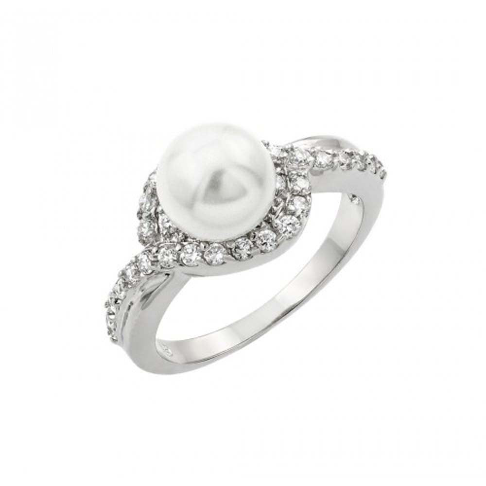 Sterling Silver Rhodium Plated Clear Cluster CZ Synthetic Pearl Ring