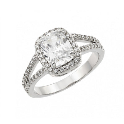 Sterling Silver Rhodium Plated Clear Rectangular Center and Cluster CZ Bridal Engagement Ring