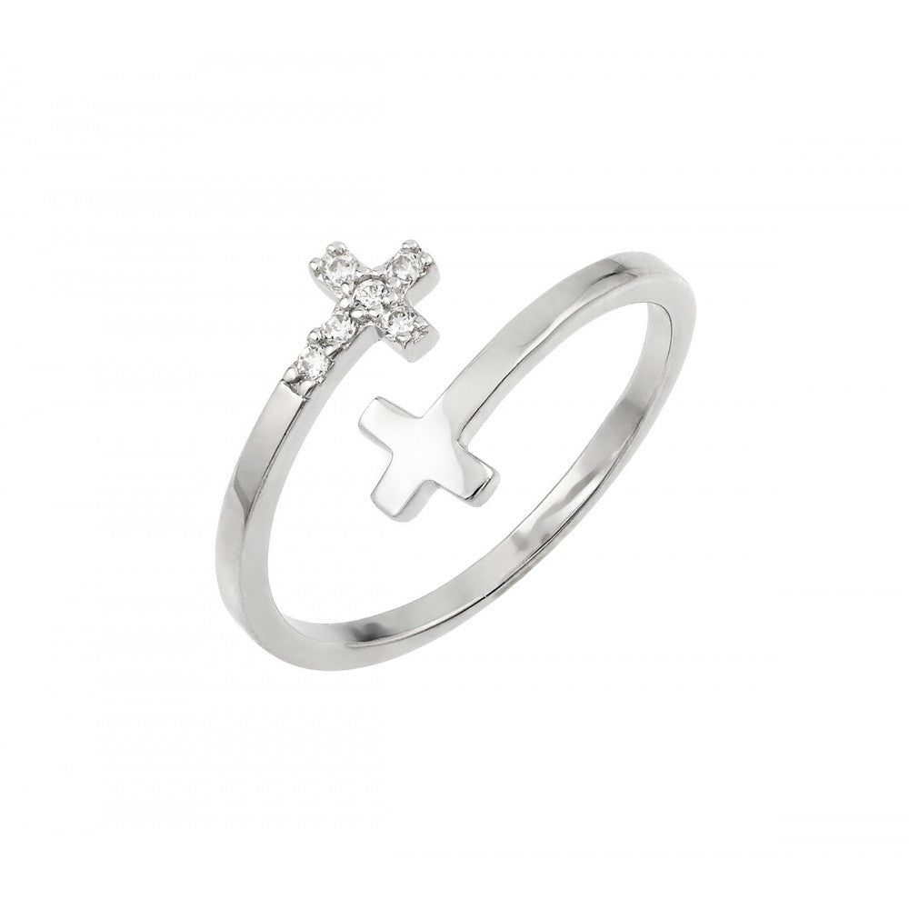 Sterling Silver Rhodium Plated CZ Double Cross Ring