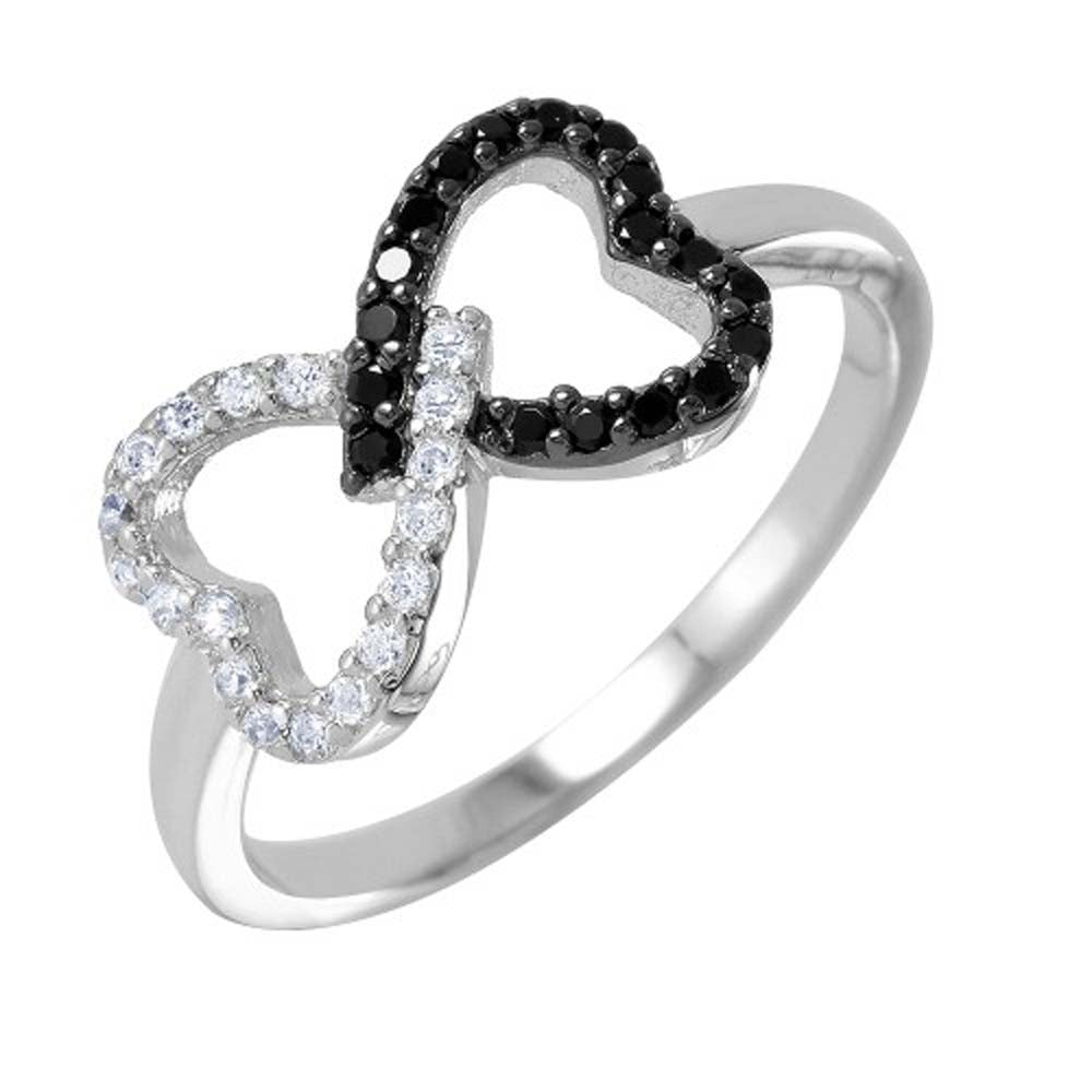 Sterling Silver Two-Toned Open Twin Heart Embedded with Clear and Black Cz Stones Ring