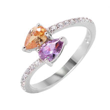 Load image into Gallery viewer, Sterling Silver Pearshape Cut Amethyst and Citrine Cz Bypass Band Ring Embedded with Clear Cz Stones