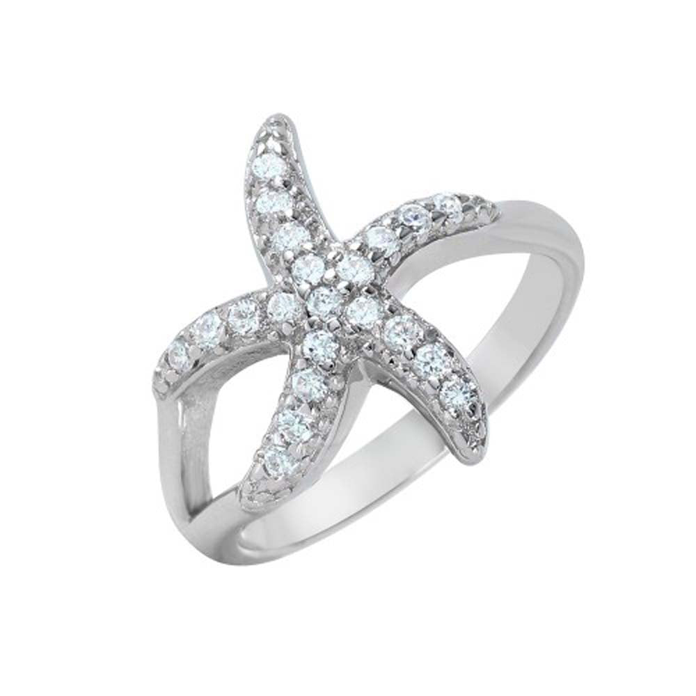 Sterling Silver Rhodium Plated Skinny Starfish Shaped Ring With Clear Pave Set CZ