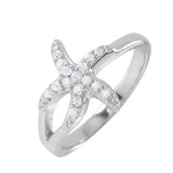 Sterling Silver Rhodium Plated Clear Pave Set CZ Small Skinny Starfish Ring