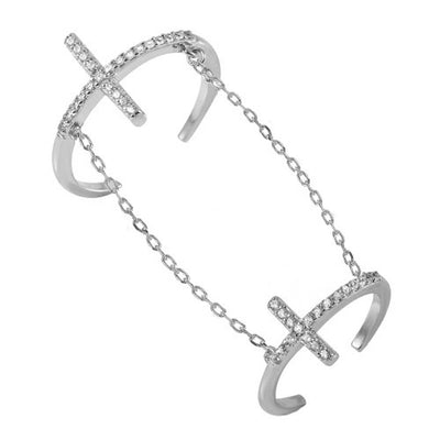 Sterling Silver Rhodium Plated Cross Slave Shaped Ring With CZ Stones