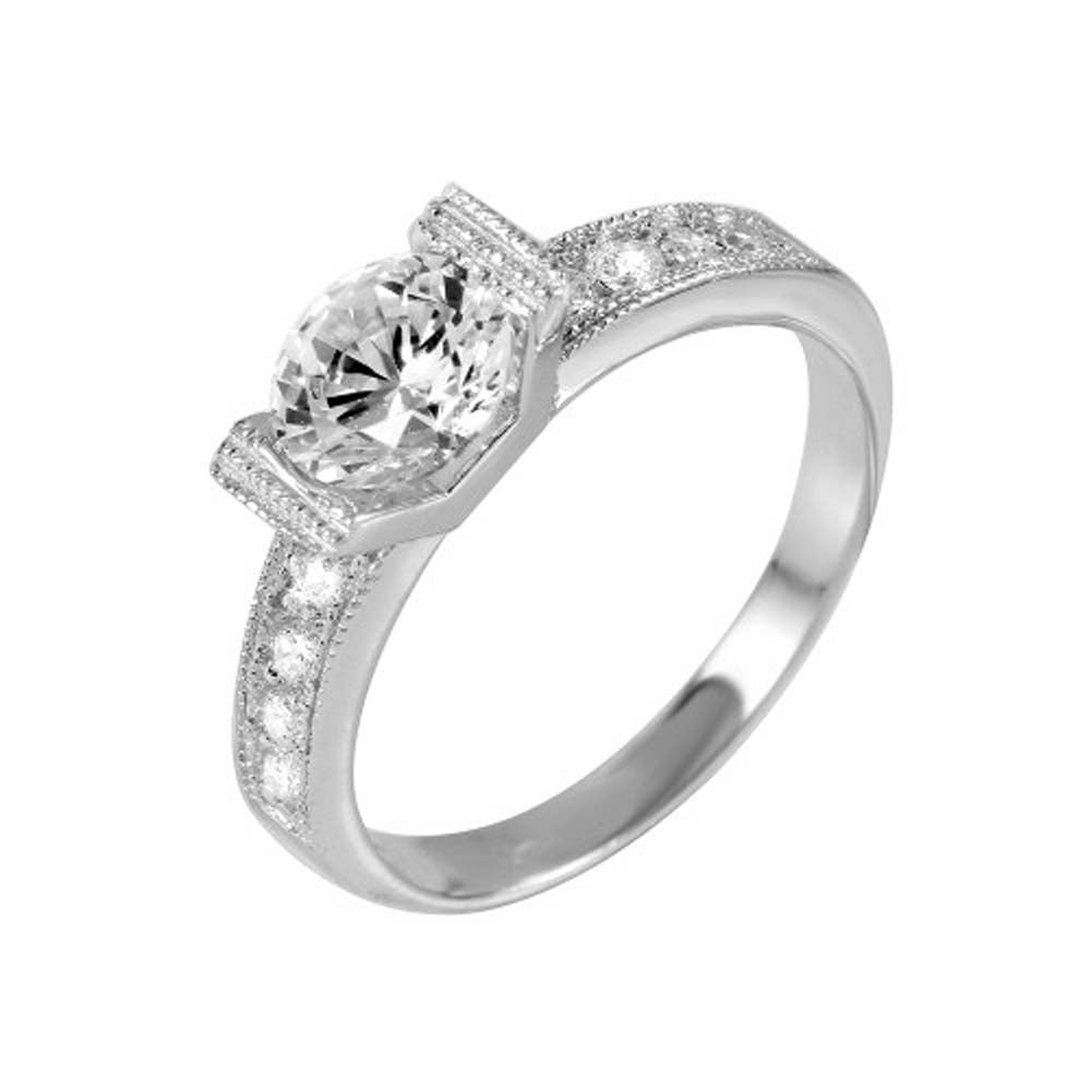 Sterling Silver Rhodium Plated Round Shaped Ring With CZ Stones