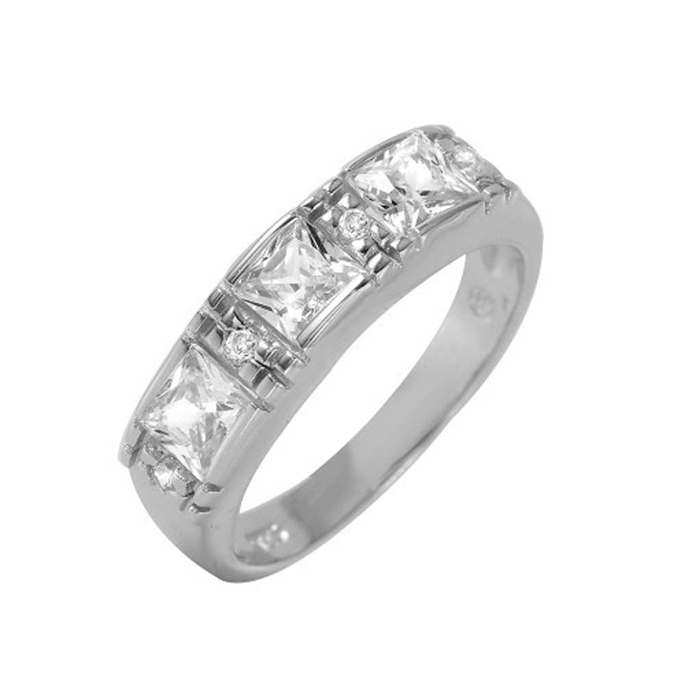 Sterling Silver Classy Princess Cut and Small Round Cz Stones on Channel Setting Band Ring with Band Width of 5MM