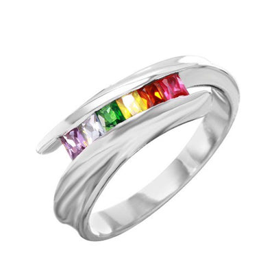 Sterling Silver Fancy Overlapping Design with Centered Multi Colored Princess Cut Cz Stones Ring