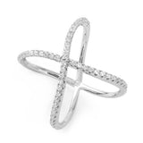 Sterling Silver Rhodium Plated Wavy X Shaped Ring With CZ Stones