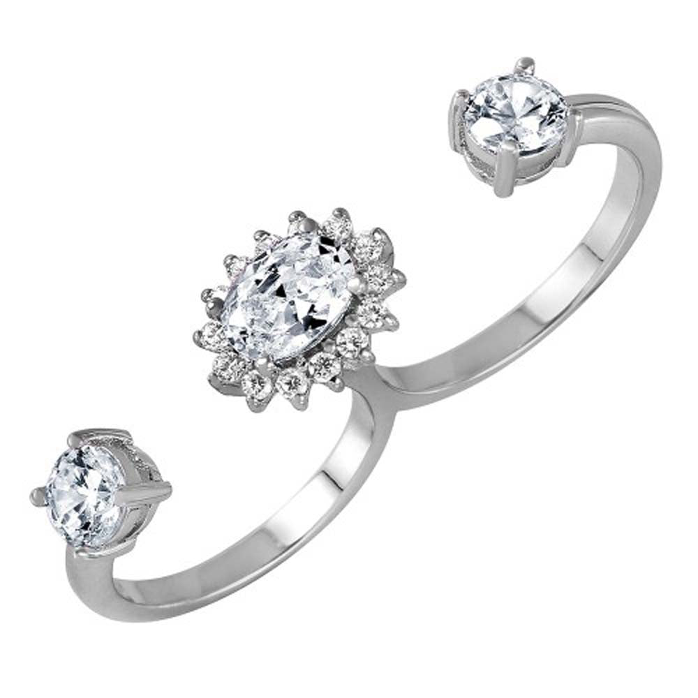 Sterling Silver Fancy Two Finger Open Ring Set with Clear Cz Stones and Centered Cluster Flower Design