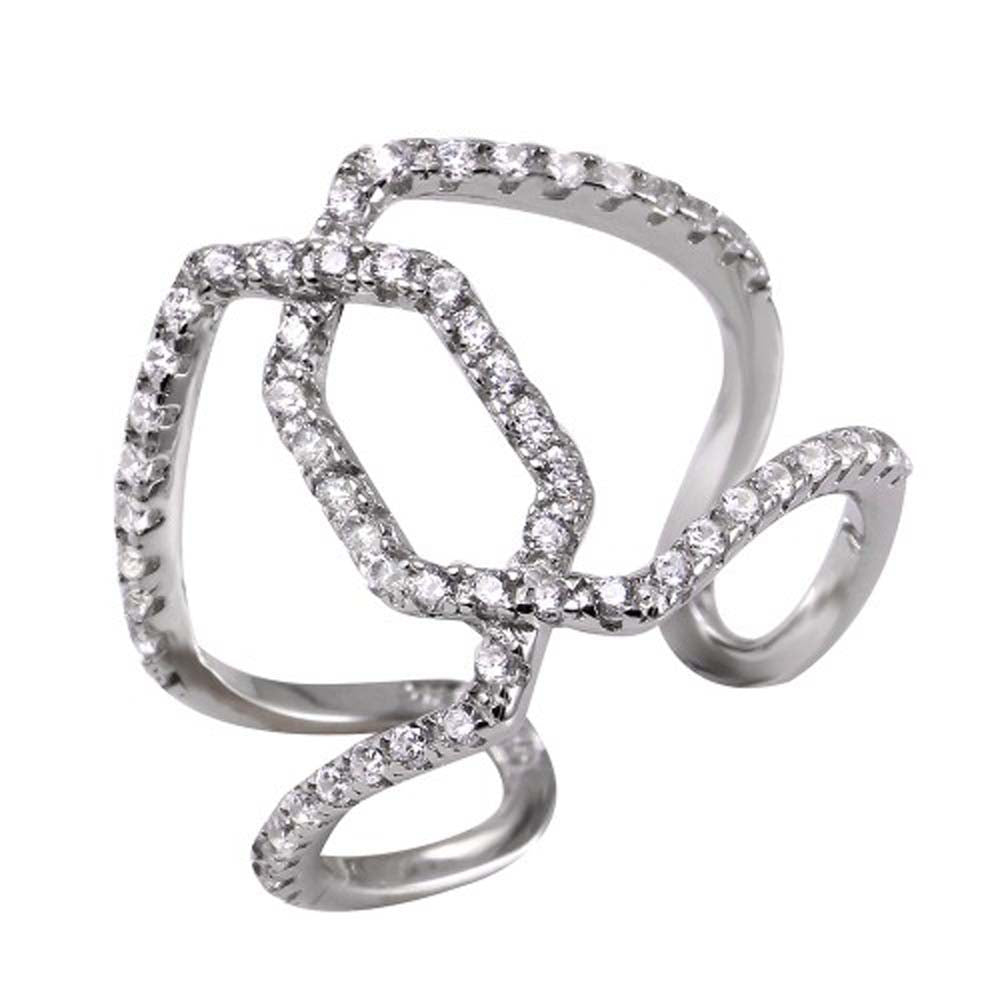 Sterling Silver Fancy Interlinked Design Embedded with Clear Cz Stones Open Band Ring