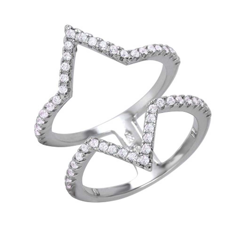 Sterling Silver Rhodium Plated Double Tip Shaped Ring With CZ Stones