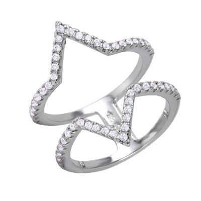 Sterling Silver Rhodium Plated Double Tip Shaped Ring With CZ Stones
