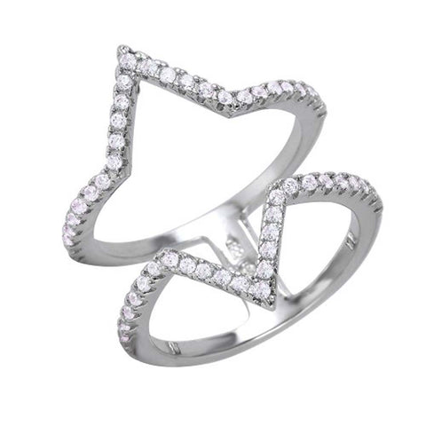 Sterling Silver Rhodium Plated Double Tip Shaped Ring With CZ Stones