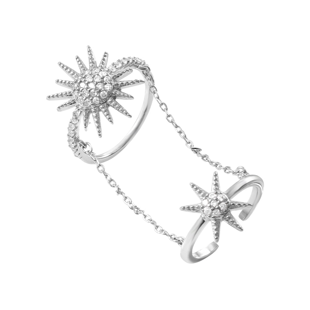 Sterling Silver Rhodium Plated Closed and Open Ring with Star Burst CZ Accents