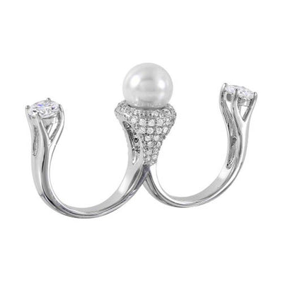 Sterling Silver Two Finger Open Ring with Clear Cz Accents and Centered White Pearl