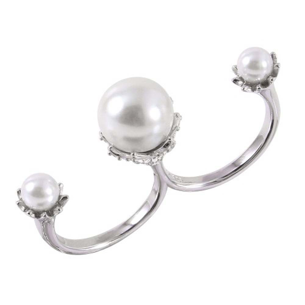 Sterling Silver Rhodium Plated Two Finger Open Ring With 3 White Synthetic Pearls