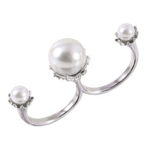 Load image into Gallery viewer, Sterling Silver Rhodium Plated Two Finger Open Ring With 3 White Synthetic Pearls