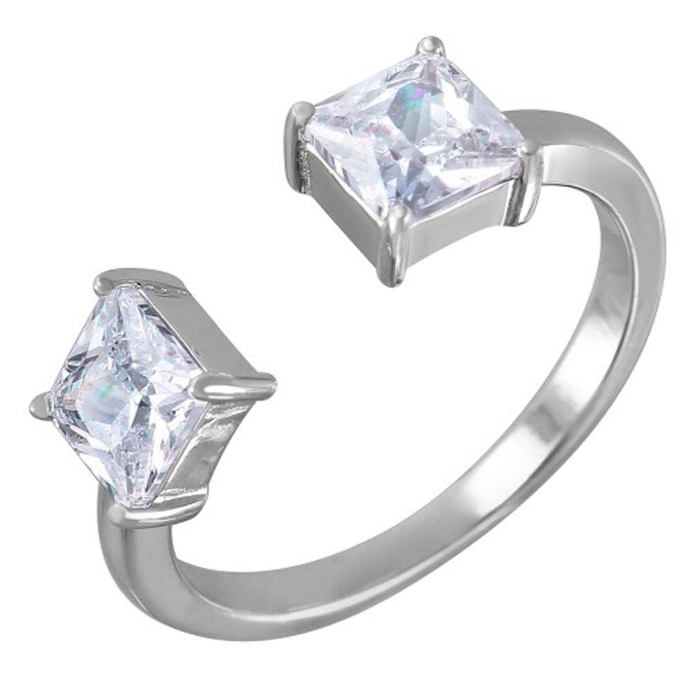 Sterling Silver Adjustable Open Square Shaped Ring With CZ Stones