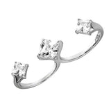 Sterling Silver Rhodium Plated Two Finger Open Ring With Three CZ Accent Caps